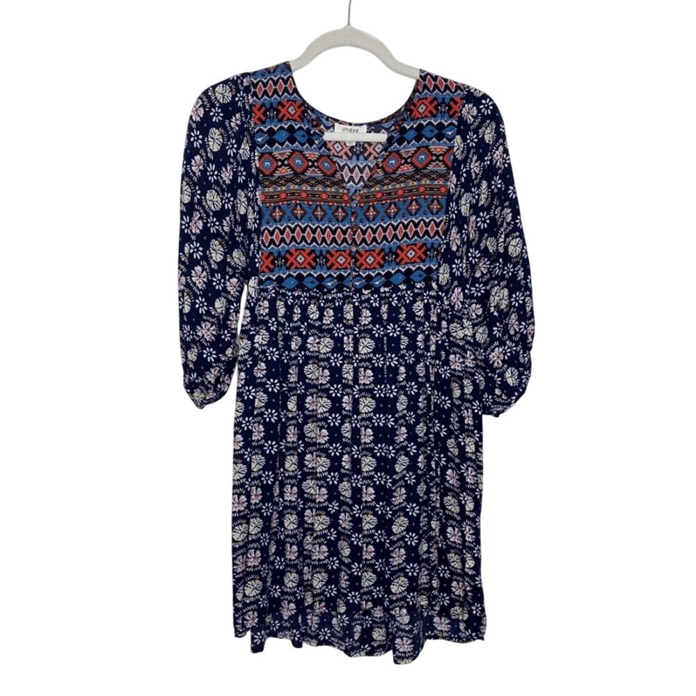 Umgee Mixed Media 3/4 Sleeve Aztec Floral Babydoll Tunic Dress Navy Size Small